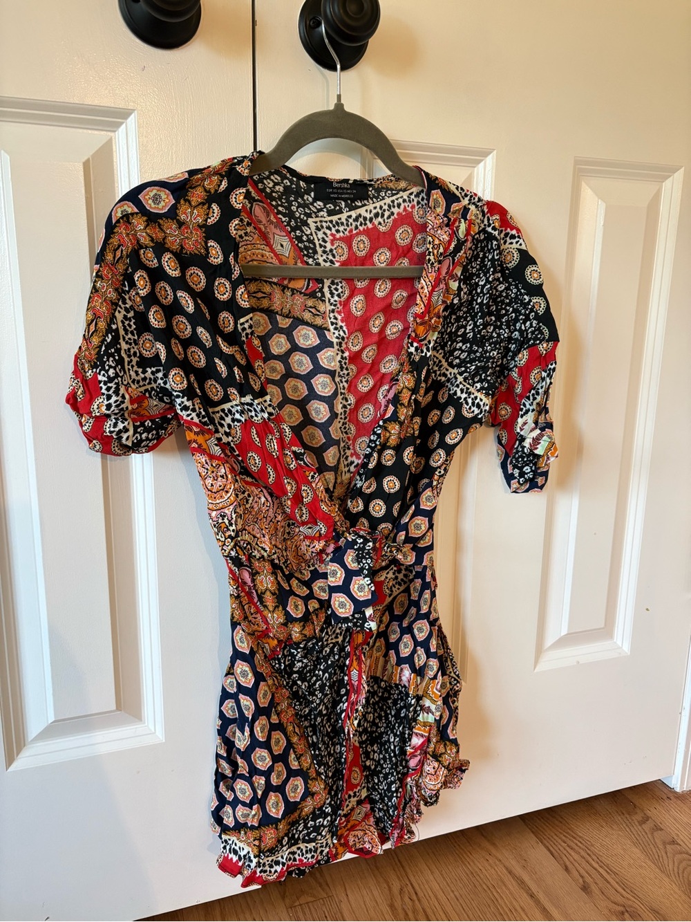 Bershka Multicolor Patchwork Wrap Playsuit— Navy, Red & Cream